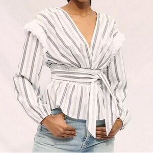 Saylor Revolve Linen Cotton Jil Top Fringe Boho VNeck Peplum Blouse MISSING BELT